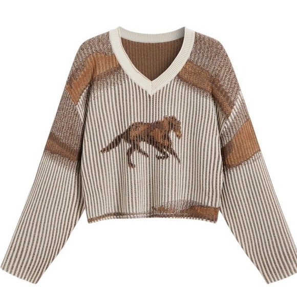 Cider Sweaters - Cider Womens M Brown Horse Print Cropped V-Neck Knit Sweater Preppy Equestrian
